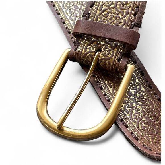 Golden Embossed Brown Leather Belt with Solid Brass Buckle size Medium - Picture 3 of 7
